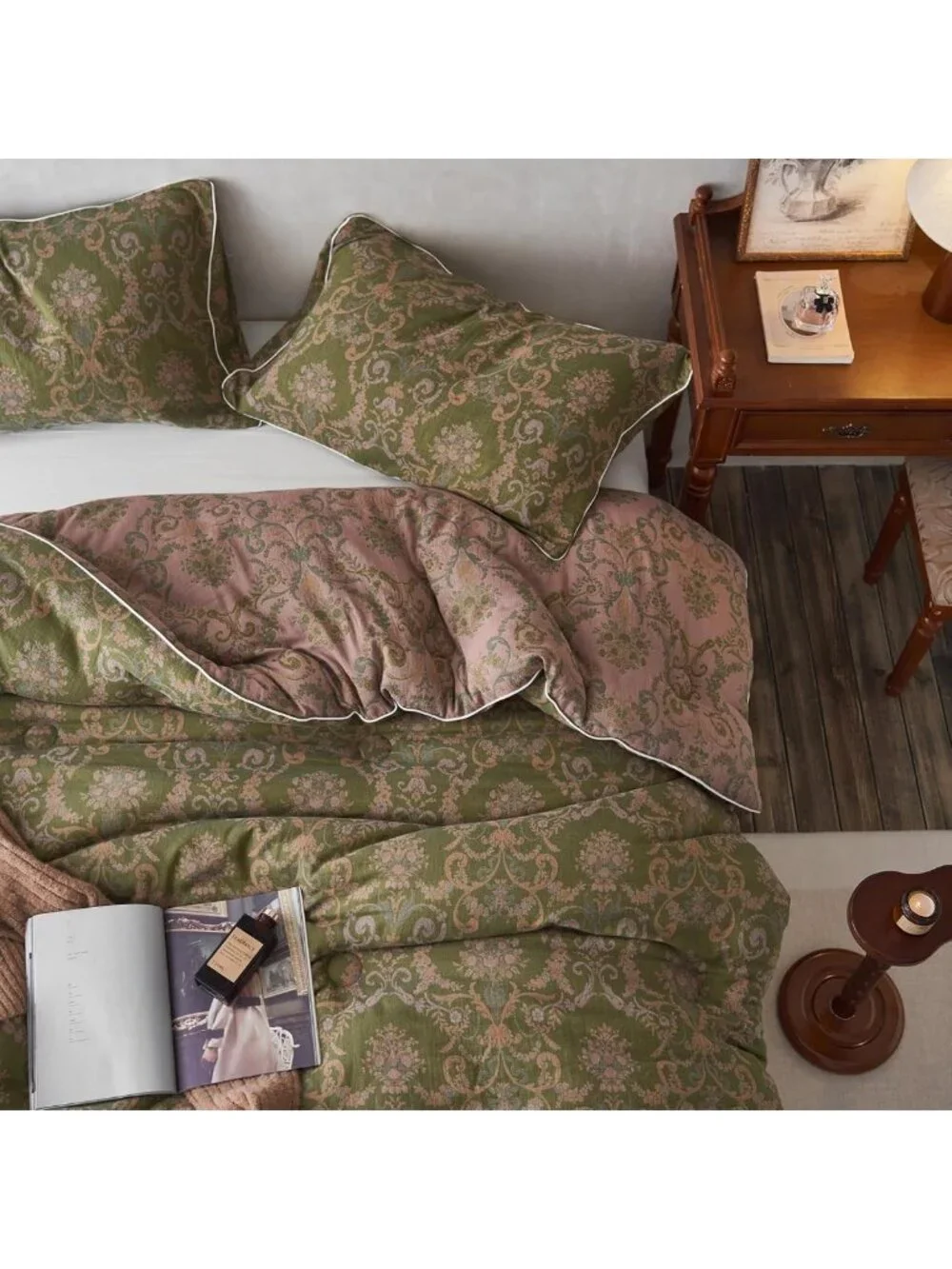 Vintage Olive Green Floral King Comforter Set - 3pcs Soft Breathable Bedding